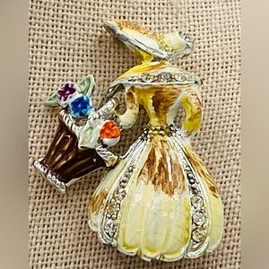 Vintage Small Figural Brooch Victorian Woman In Sunbonnet With Flower Basket